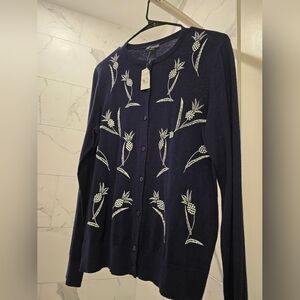 Ann Taylor Navy Blue Pineapple Embroidered Sweater